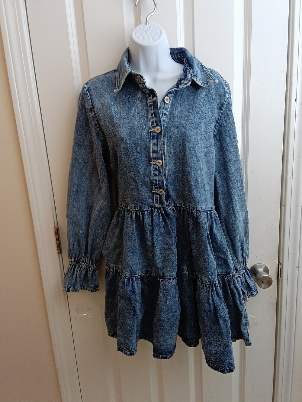 Washed Blue Denim Tiered Shirt Mini Dress Size Medium - Picture 4 of 8